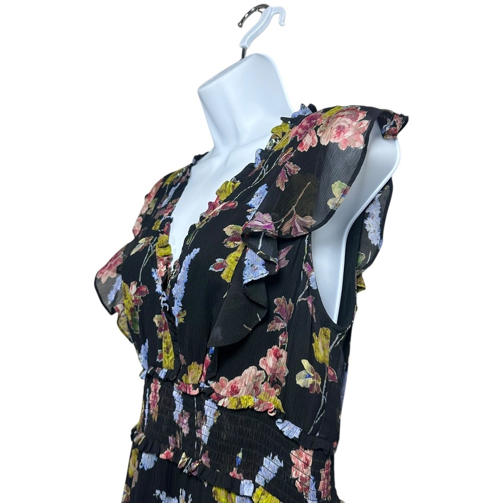 PAIGE Katharina Sleeveless Silk Chiffon Midi Dress Black‎ Floral Smocked Waist S - Picture 7 of 14